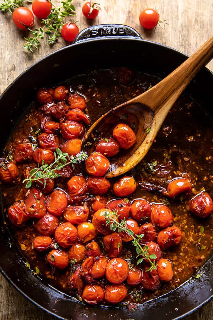 Peach Burrata Crostini with Burst Cherry Tomato Vinaigrette | halfbakedharvest.com