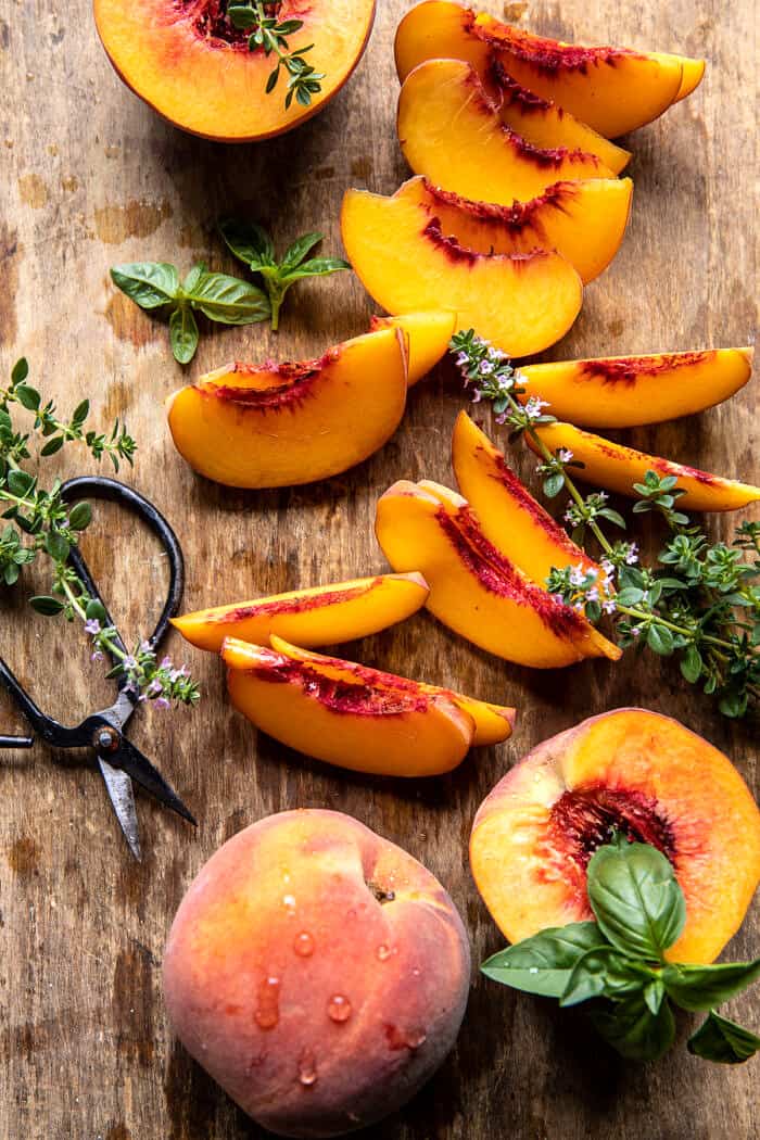 Peach Burrata Crostini with Burst Cherry Tomato Vinaigrette | halfbakedharvest.com