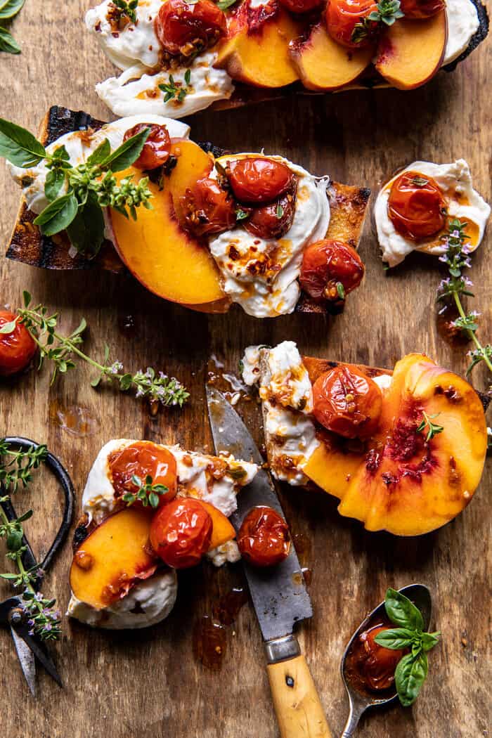 Peach Burrata Crostini with Burst Cherry Tomato Vinaigrette | halfbakedharvest.com