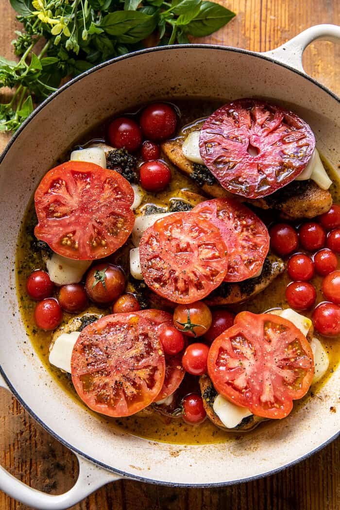 Pesto Caprese Chicken in White Wine Pan Sauce | halfbakedharvest.com