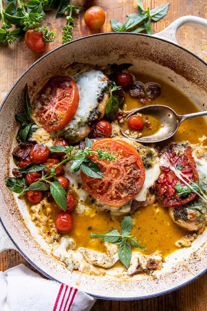 Pesto Caprese Chicken in White Wine Pan Sauce | halfbakedharvest.com