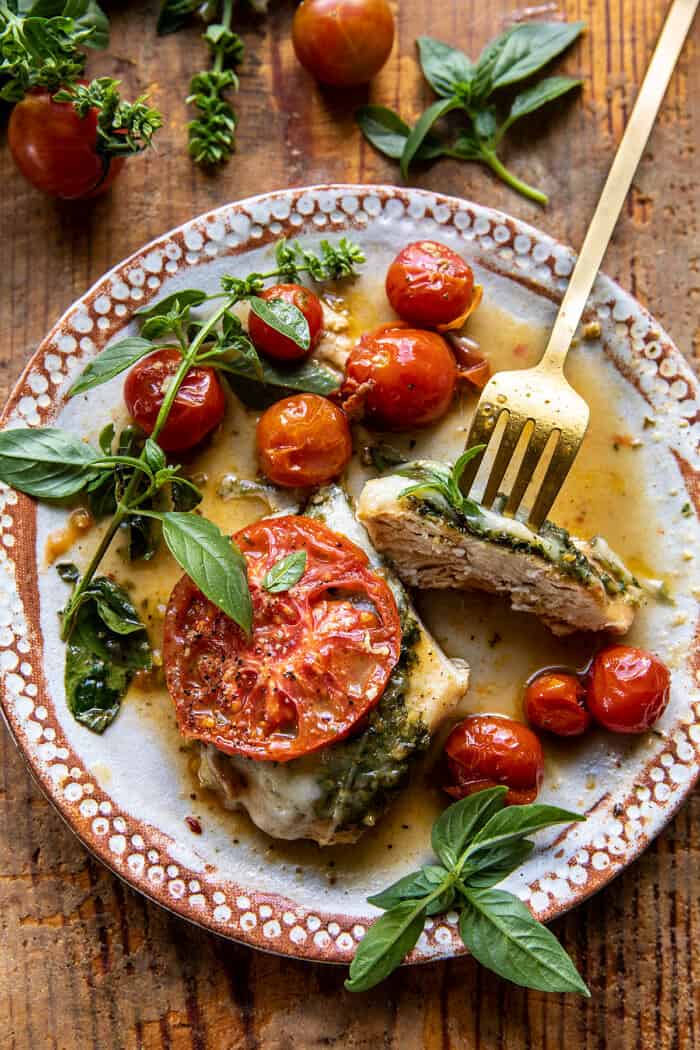 Pesto Caprese Chicken in White Wine Pan Sauce | halfbakedharvest.com