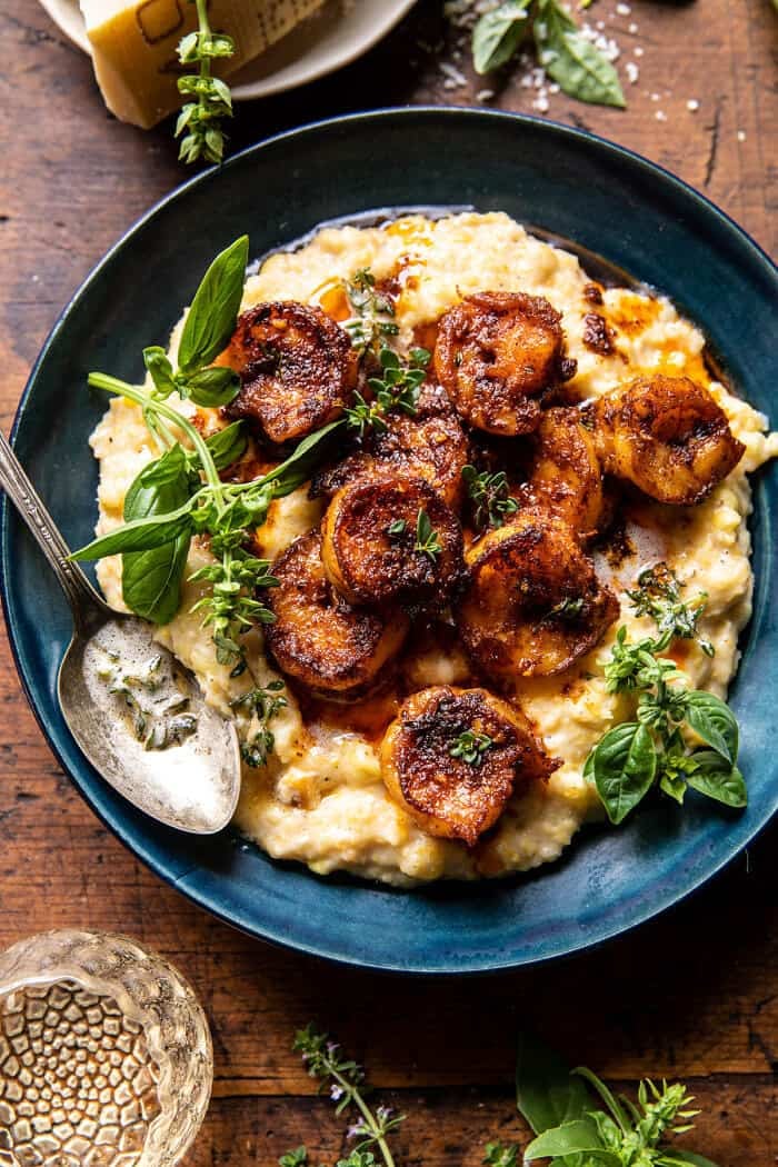 Spicy Garlic Lemon Butter Shrimp with Parmesan Corn Polenta | halfbakedharvest.com