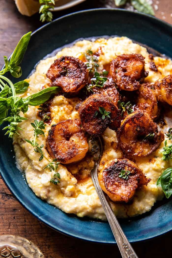 Spicy Garlic Lemon Butter Shrimp with Parmesan Corn Polenta | halfbakedharvest.com