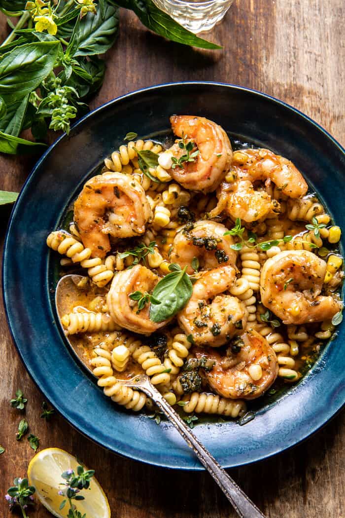 Spicy Lemon Butter Shrimp Scampi with Herbed Corn | halfbakedharvest.com