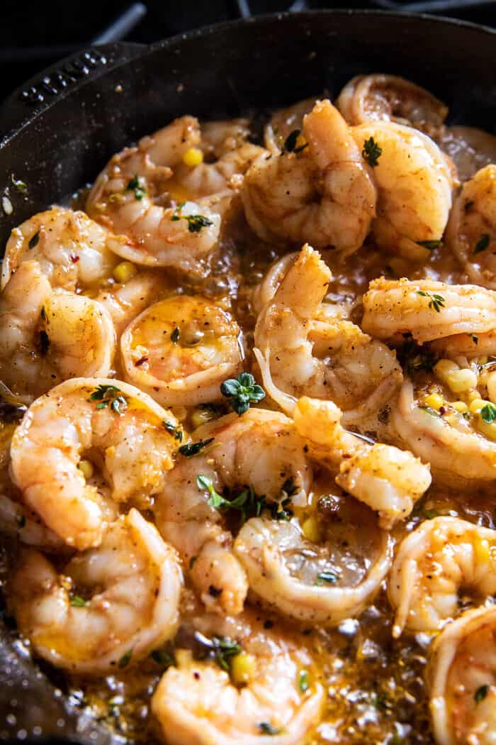 Spicy Lemon Butter Shrimp Scampi with Herbed Corn | halfbakedharvest.com