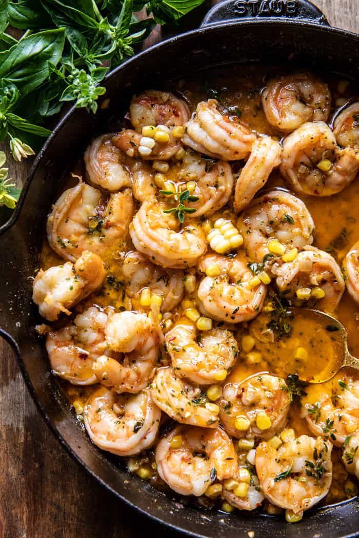 Spicy Lemon Butter Shrimp Scampi with Herbed Corn | halfbakedharvest.com
