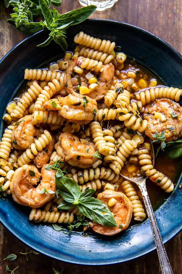 Spicy Lemon Butter Shrimp Scampi with Herbed Corn | halfbakedharvest.com