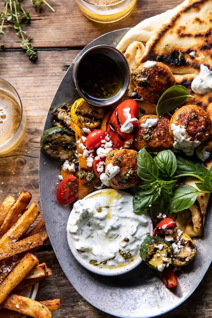 Spicy Oregano Meatballs with Grilled Vegetables and Tzatziki | halfbakedharvest.com