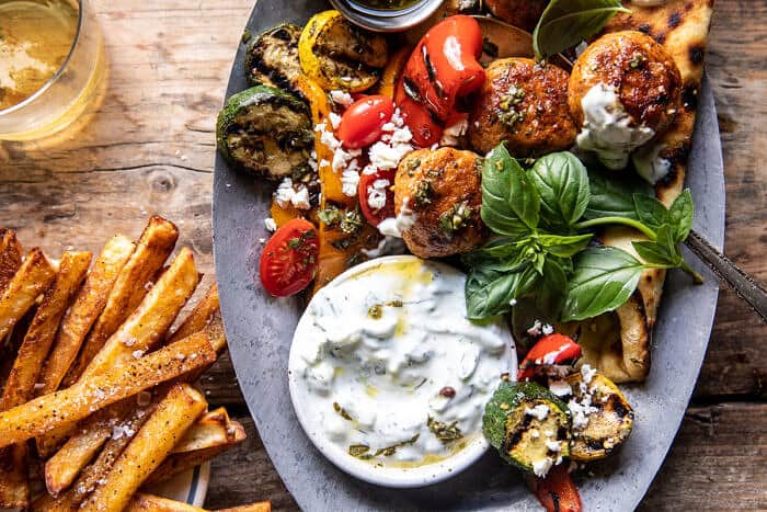 Spicy Oregano Meatballs with Grilled Vegetables and Tzatziki | halfbakedharvest.com