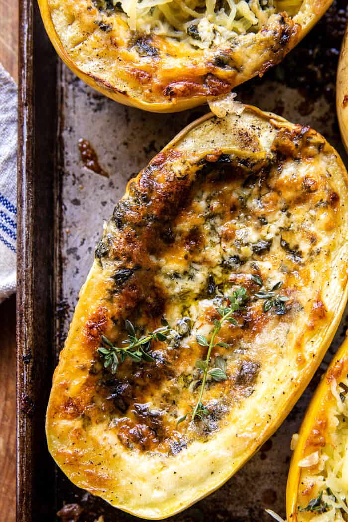 4 Cheese Roasted Garlic Alfredo Stuffed Spaghetti Squash | halffbakedharvest.com