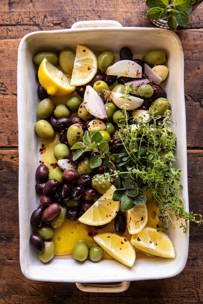 Honey Whipped Feta with Garlic Herb Roasted Olives | halfbakedharvest.com