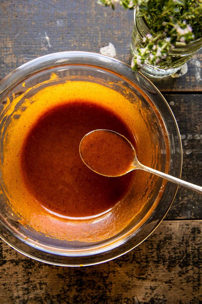 Sheet Pan Hot Honey Mustard Chicken and Crispy Brussels Sprouts | halfbakedharvest,com