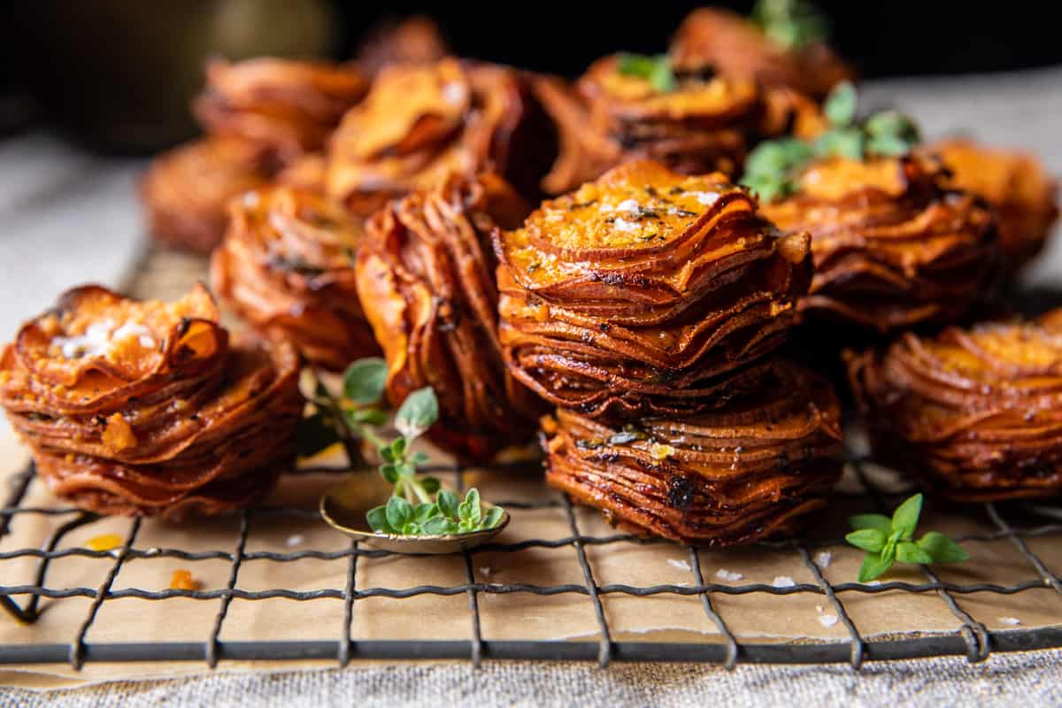 Crispy Parmesan Thyme Sweet Potato Stacks | halfbakedharvest.com