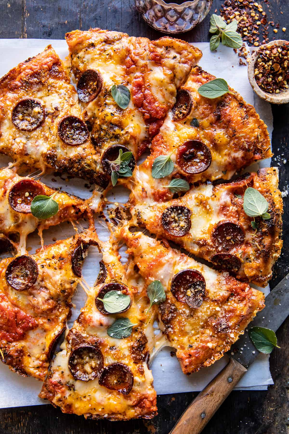 Crispy Tomato Herb Cheese Pan Pizza | halfbakedharvest.com