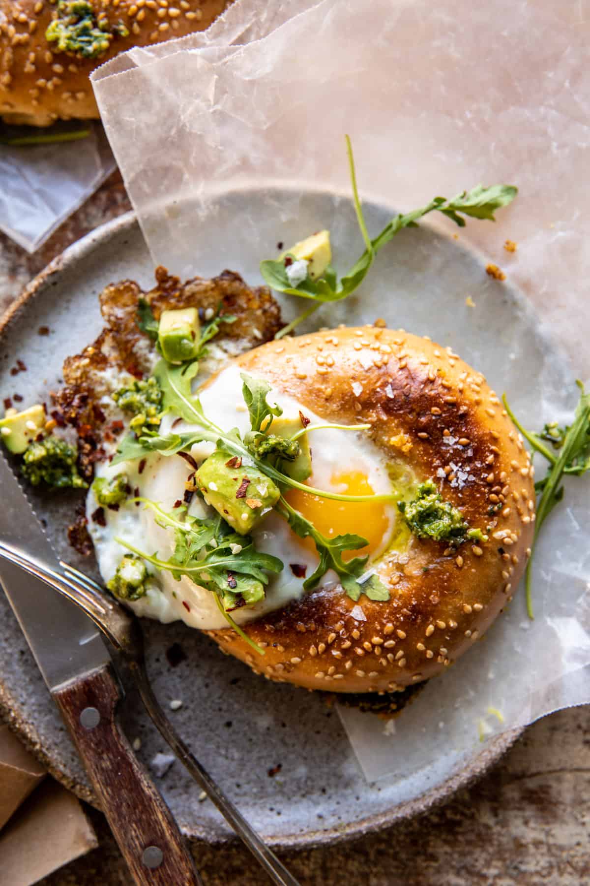 Crispy Parmesan and Pesto Egg in a Bagel | halfbakedharvest.com