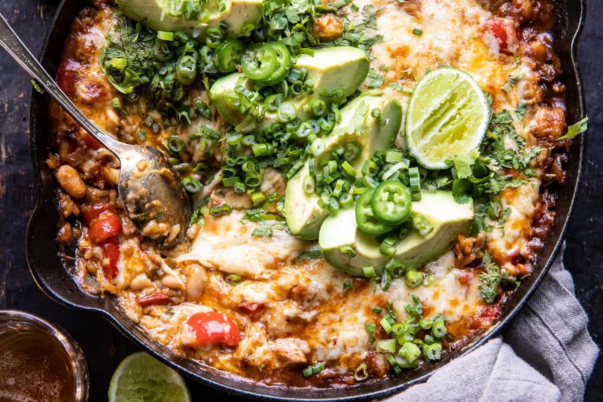 One Skillet White Chicken Chili Bake | halfbakedharvest.com