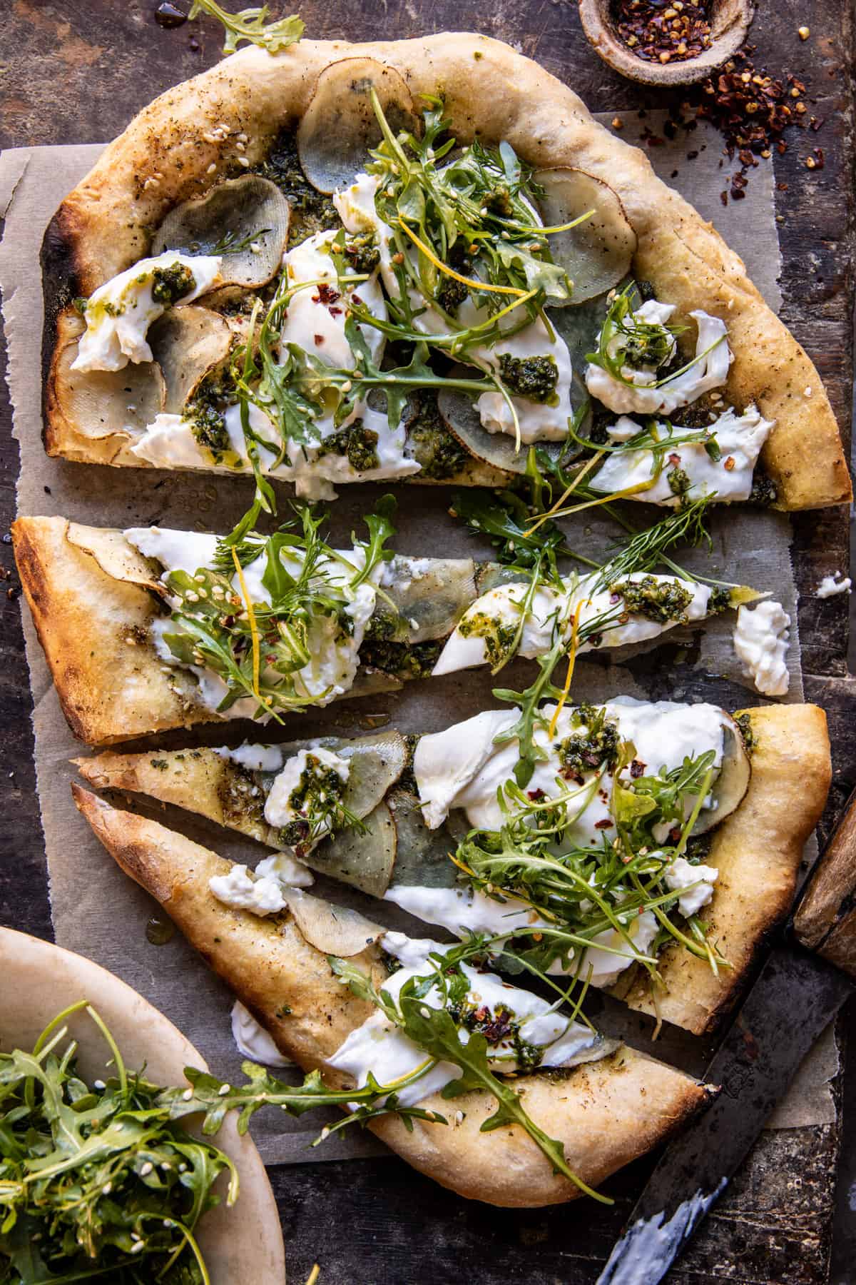 Pesto Potato Burrata Pizza with Spicy Arugula | halfbakedharvest.com