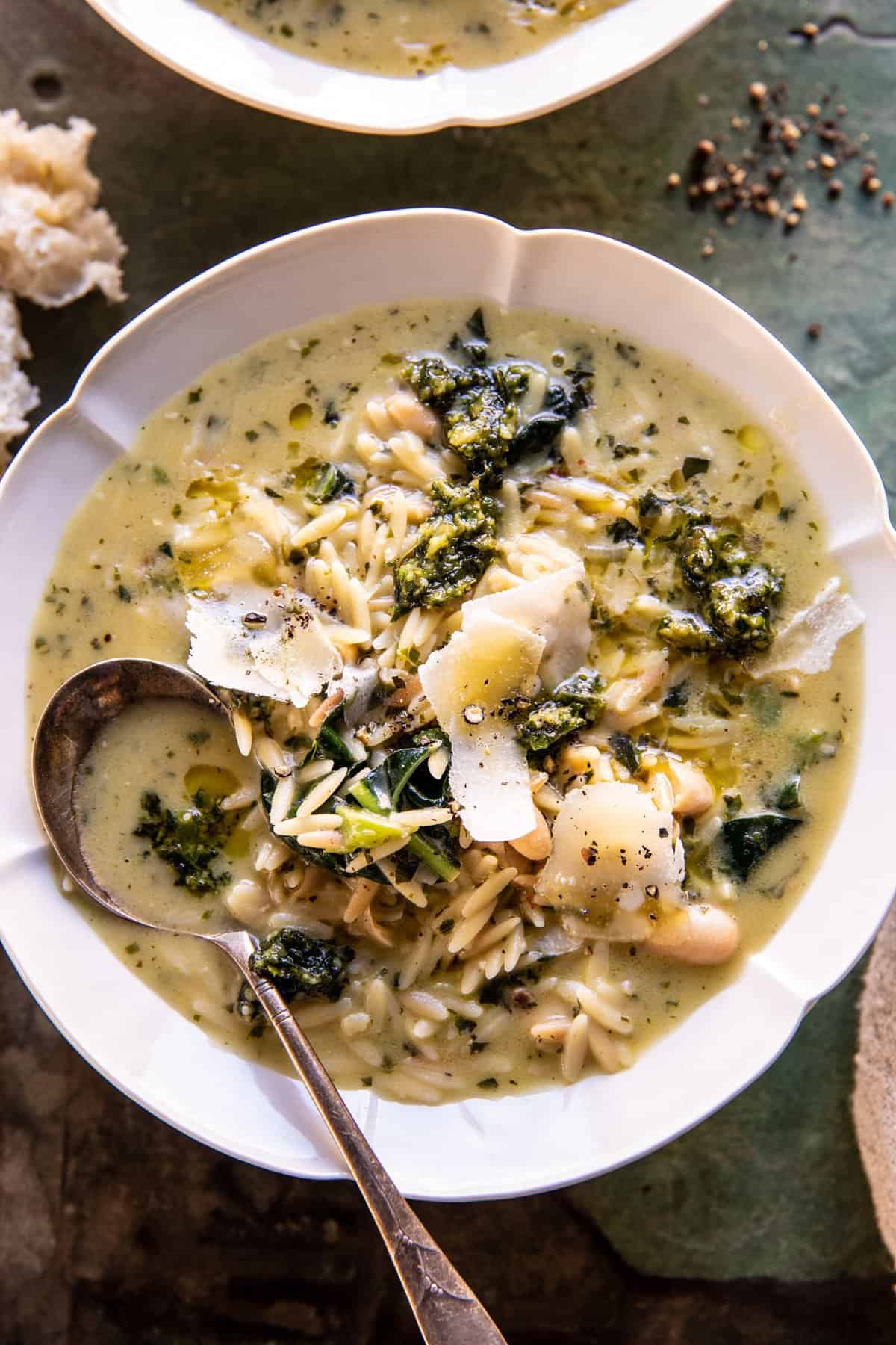 Creamy White Bean Lemon Pesto Orzo Soup | halfbakedharvest.com