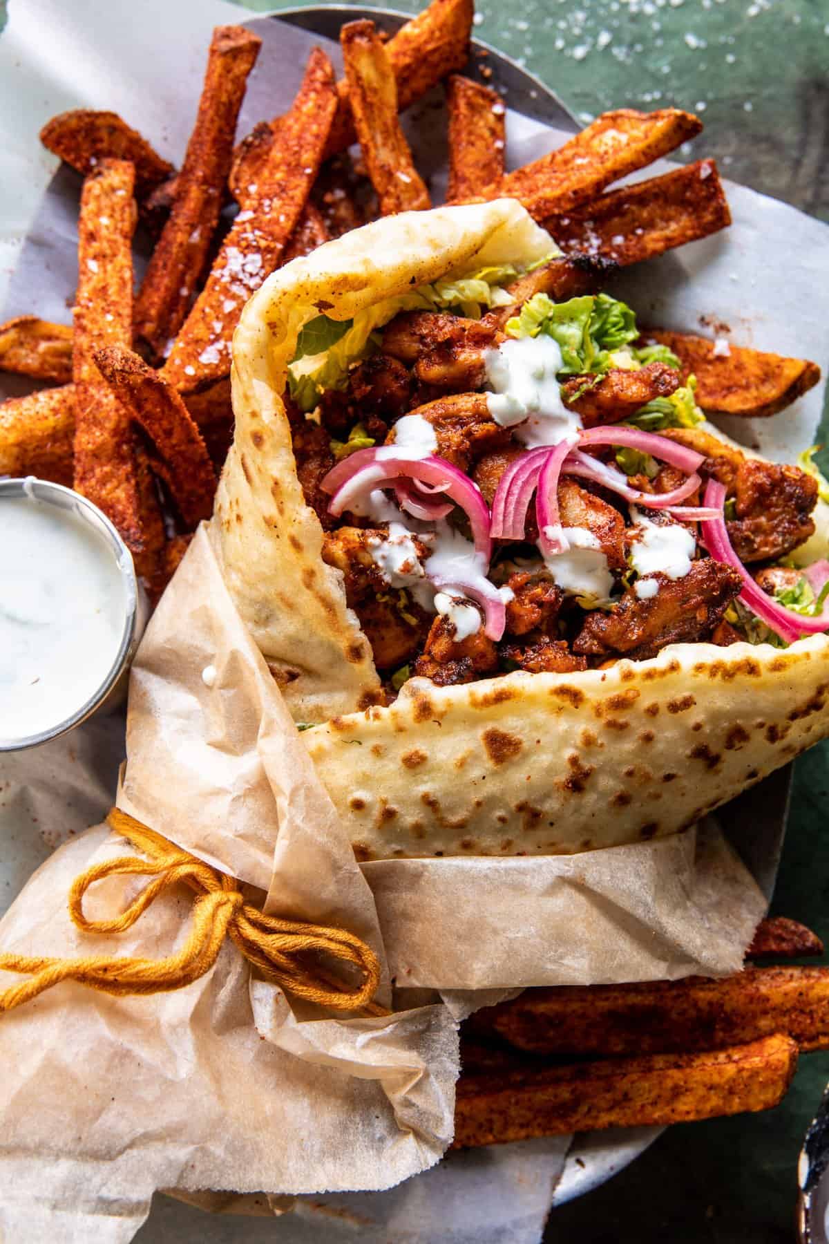 Quick Sheet Pan Chicken Gyros with Feta Tzatziki | halfbakedharvet.com