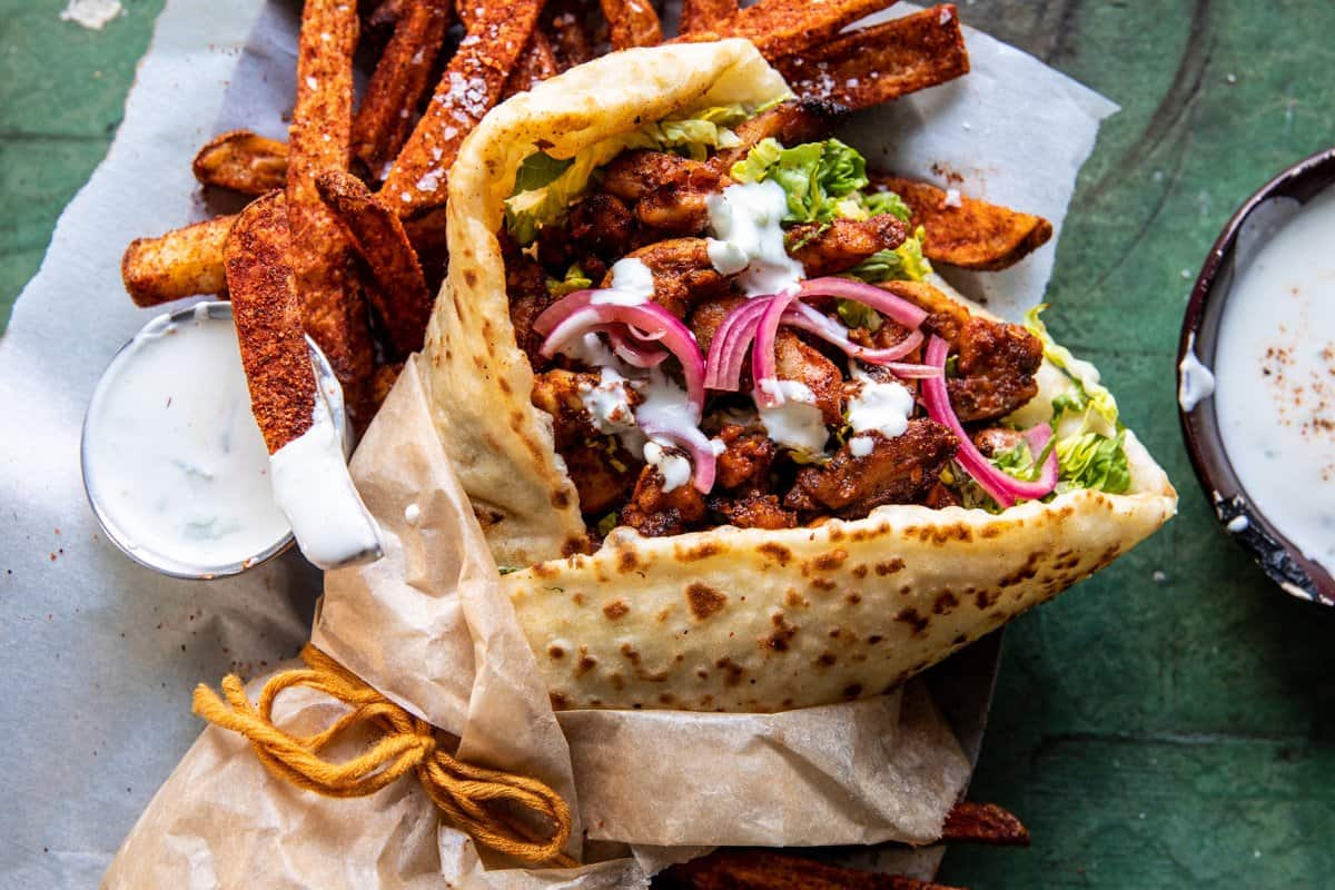 Quick Sheet Pan Chicken Gyros with Feta Tzatziki | halfbakedharvet.com