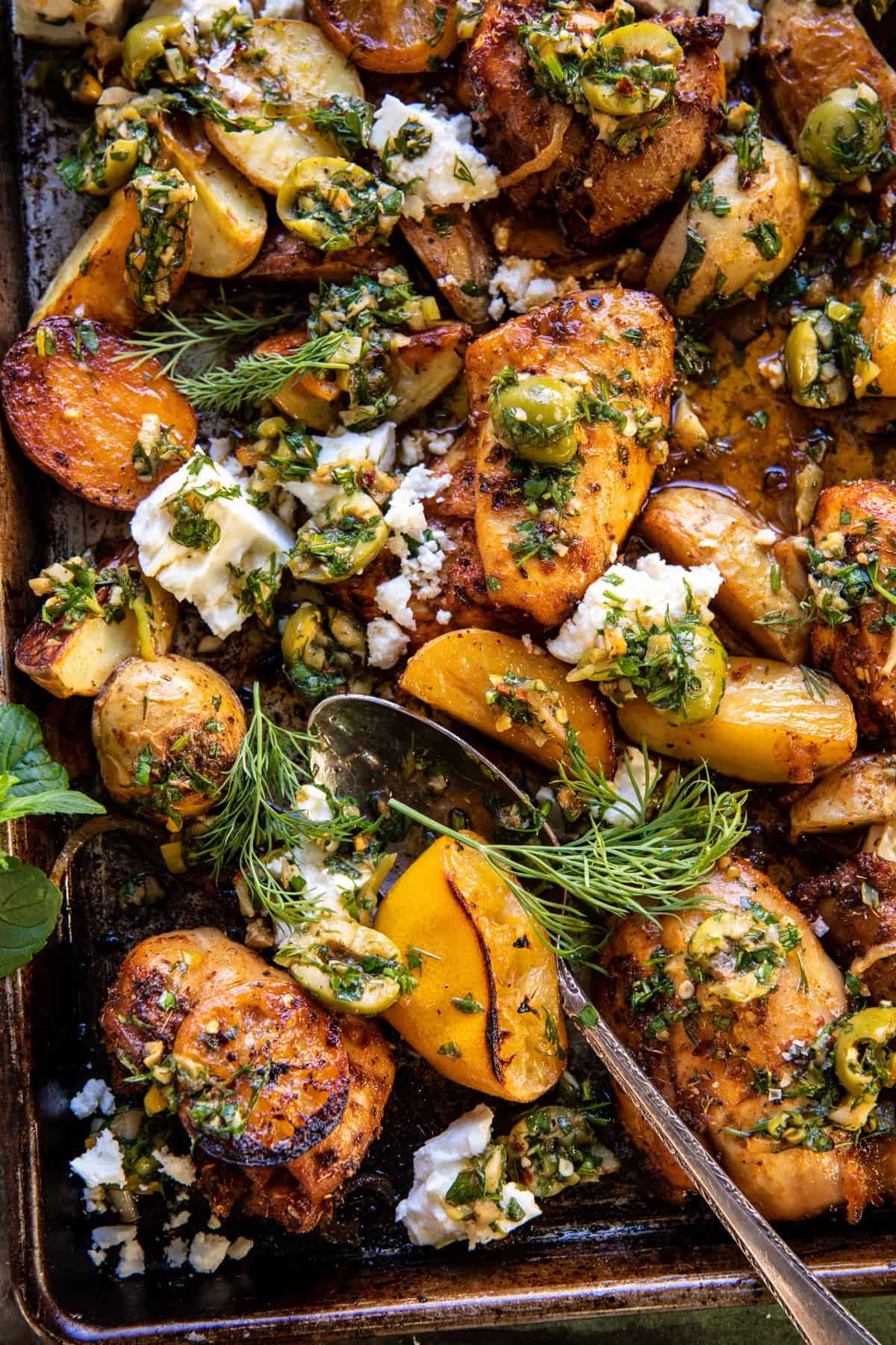 Sheet Pan Greek Garlic Butter Chicken and Potatoes | halfbakedharvest.com