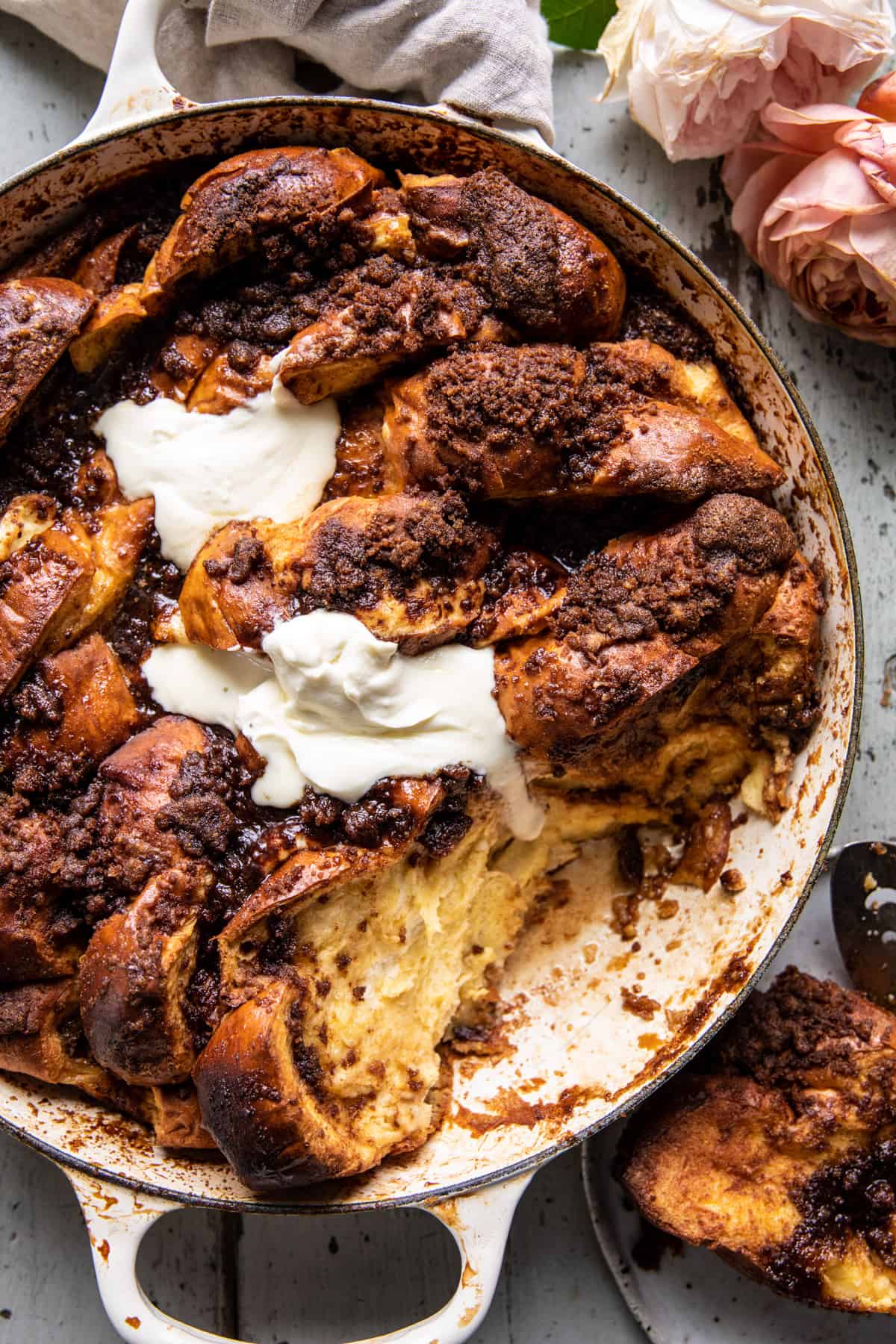french toast in baking dish with piece missing 