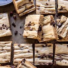 blondies with chocolate showing and chocolate curls