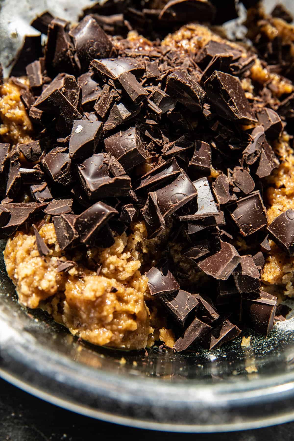 peanut butter blondie dough before baking with chocolate 