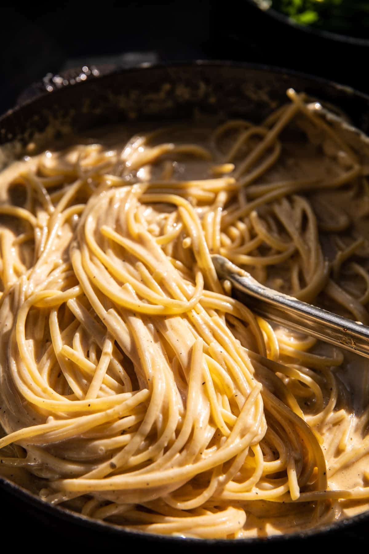 Fettuccine Alfredo in skillet 