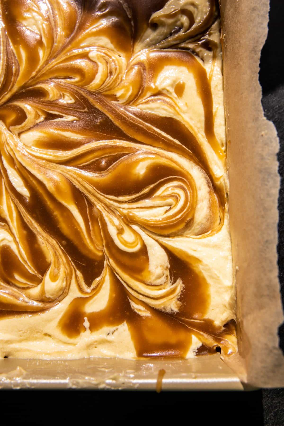 Swirled Caramel Sheet Cake before baking 