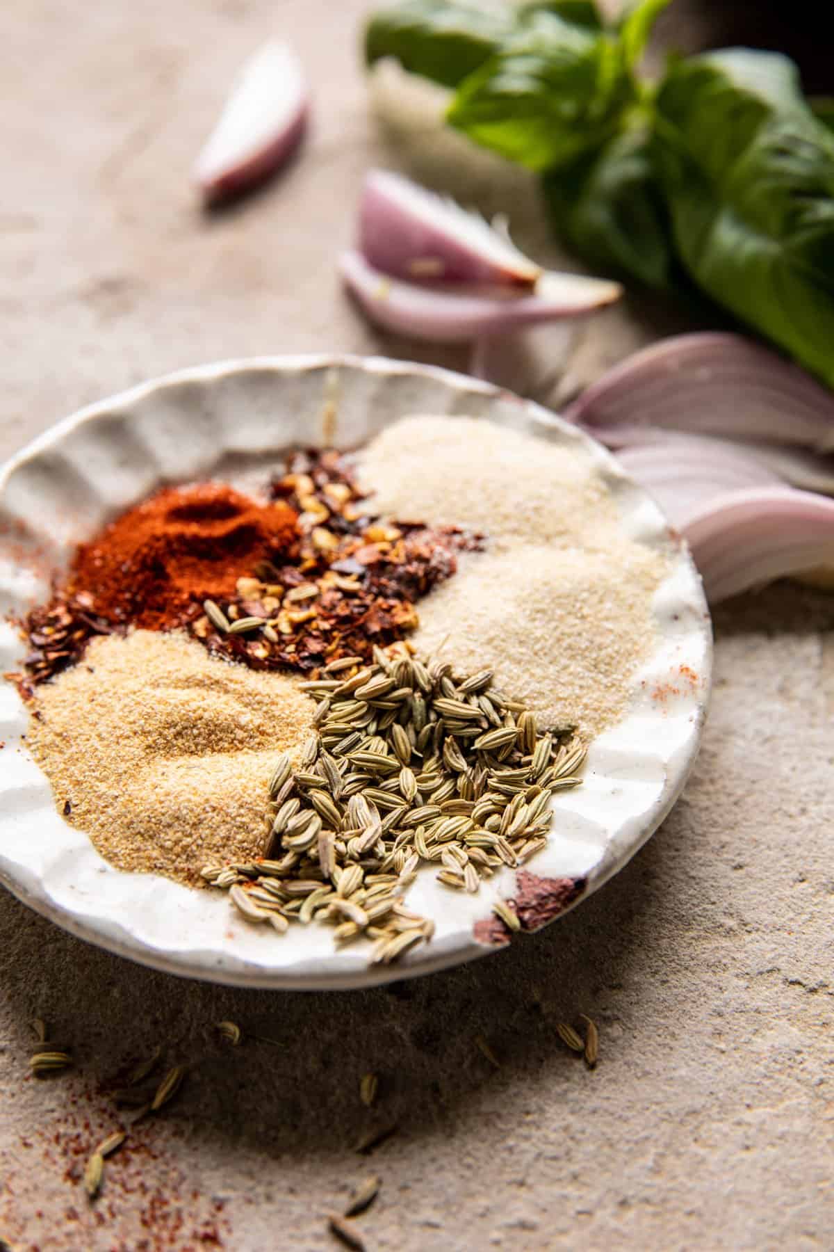 Pepperoni spices on plate 