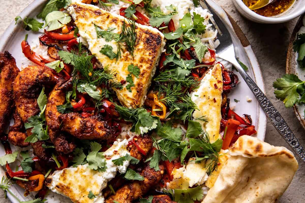 horizontal photo crispy Feta with Lemon Pepper Chicken and Rice