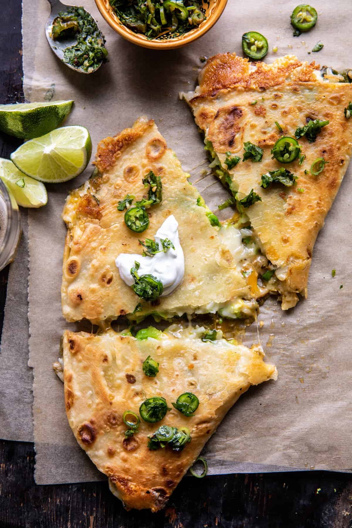 Cheesy Green Chile and Avocado Rice Quesadillas | halfbakedharvest.com