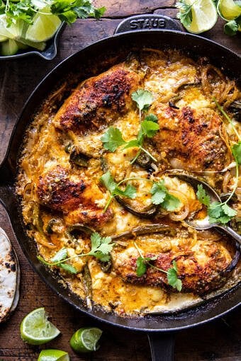 One Skillet Cheesy Green Chile Chicken | halfbakedharvest.com