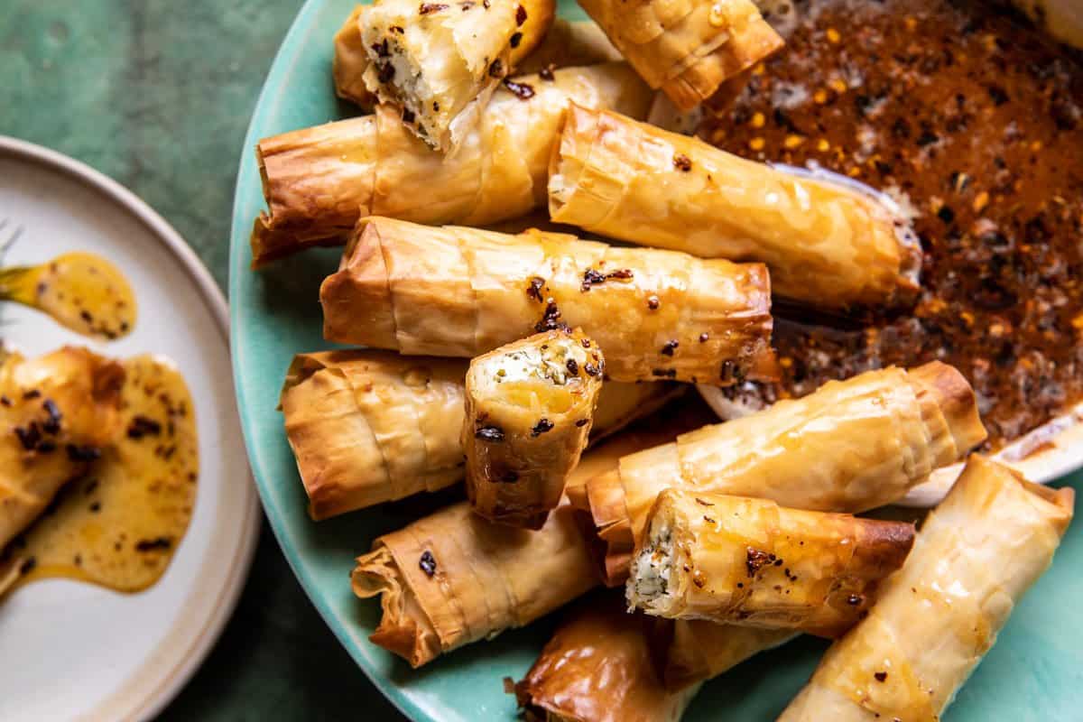 feta rolls on serving plate