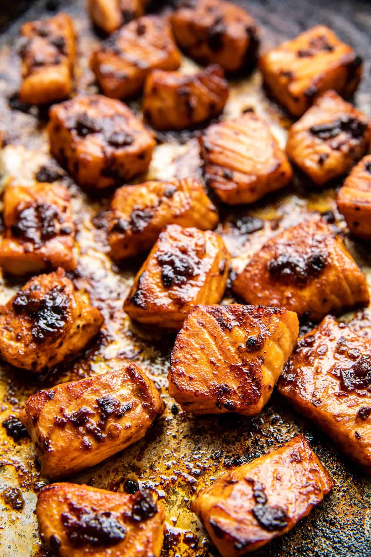 Chipotle Honey salmon on sheet pan after roasting 