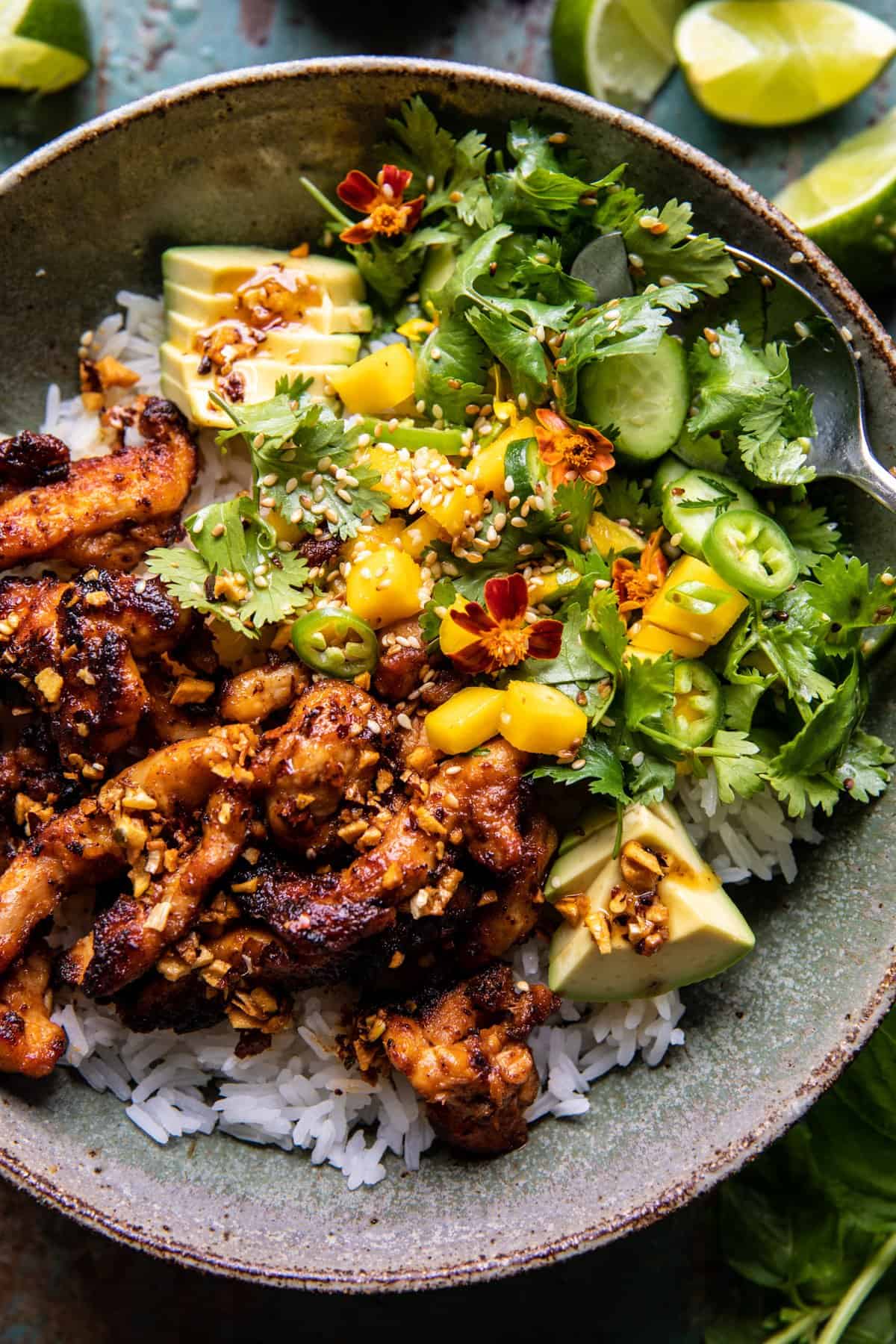 Chili Crisp Chicken Mango Cucumber Rice Bowl | halfbakedharvest.com