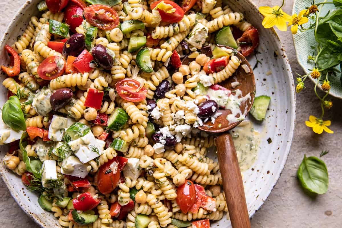 Greek Olive Pasta Salad | halfbakedhavest.com