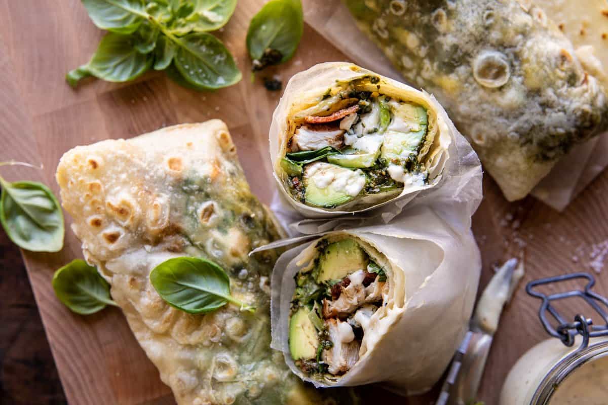 Pesto Chicken and Avocado Bacon Salad Wraps | halfbakedharvest.com