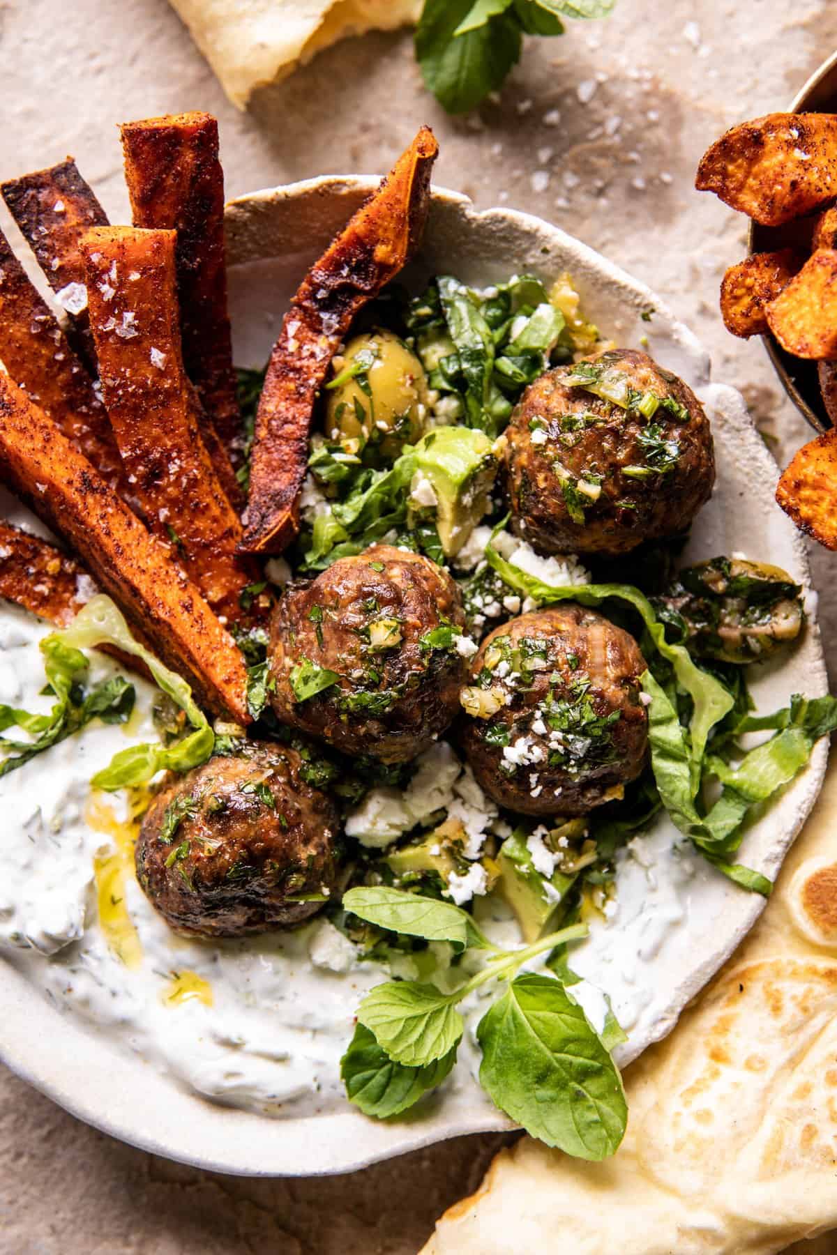 Sheet Pan Greek Meatballs and Tzatziki | halfbakedharvest.com
