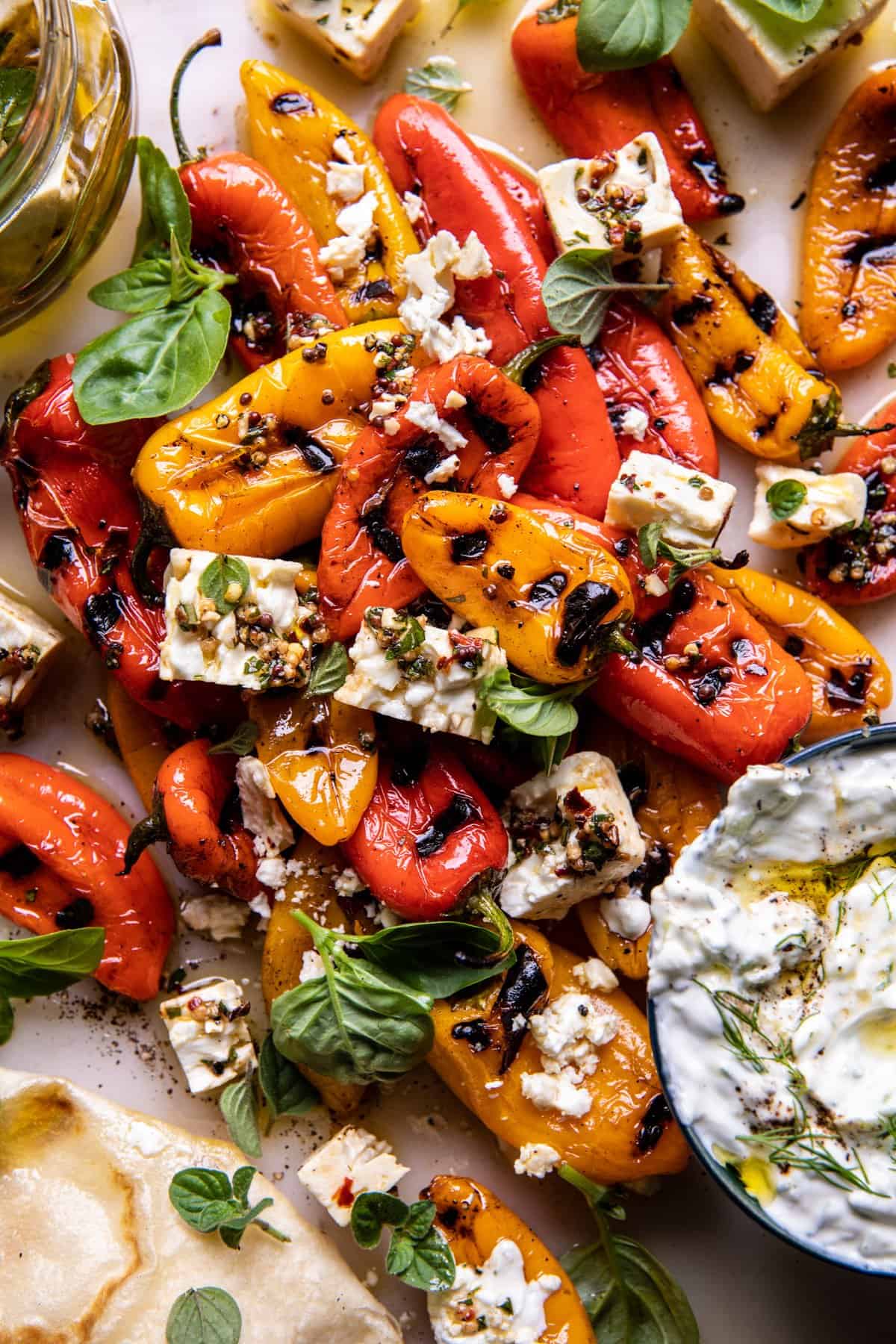Charred Peppers with Marinated Feta and Tzatziki | halfbakedharvest.com