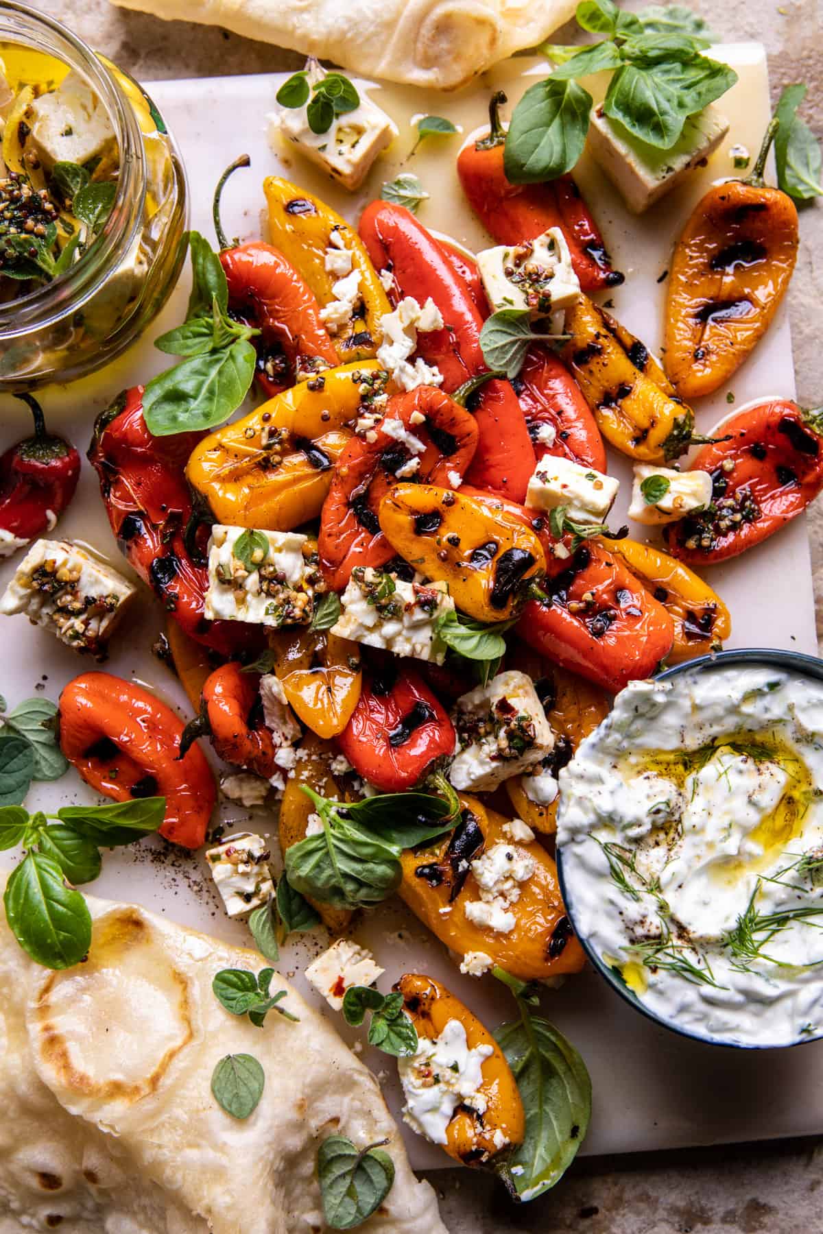 Charred Peppers with Marinated Feta and Tzatziki | halfbakedharvest.com