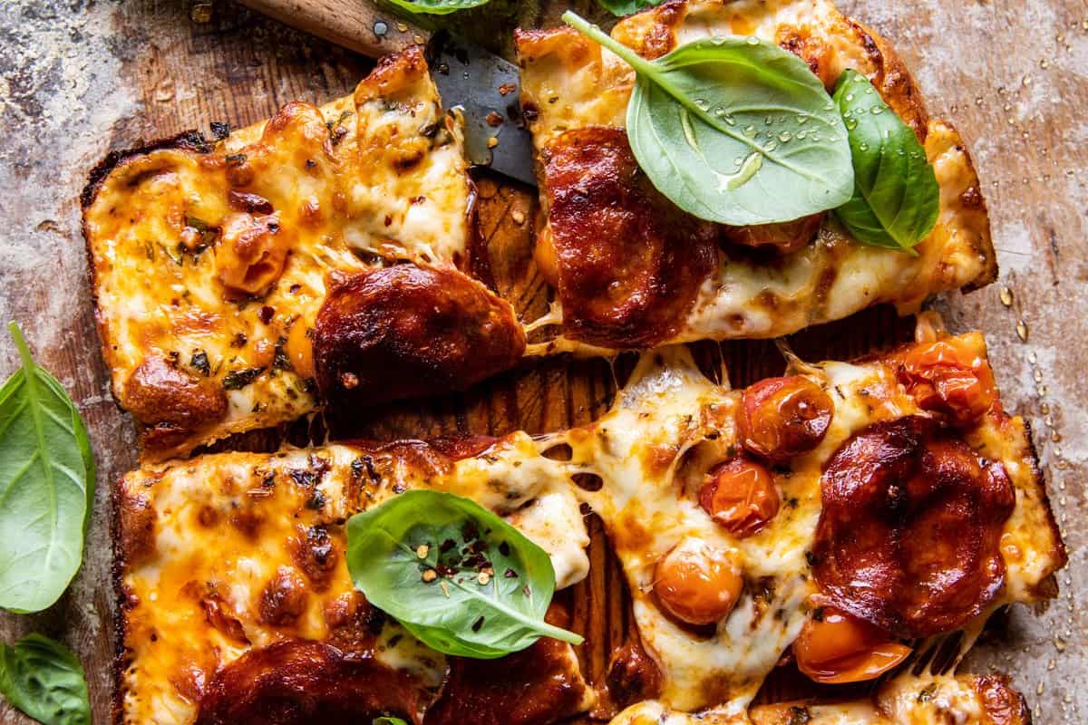 Detroit Style Tomato Herb Pepperoni Pizza | halfbakedharvest.com