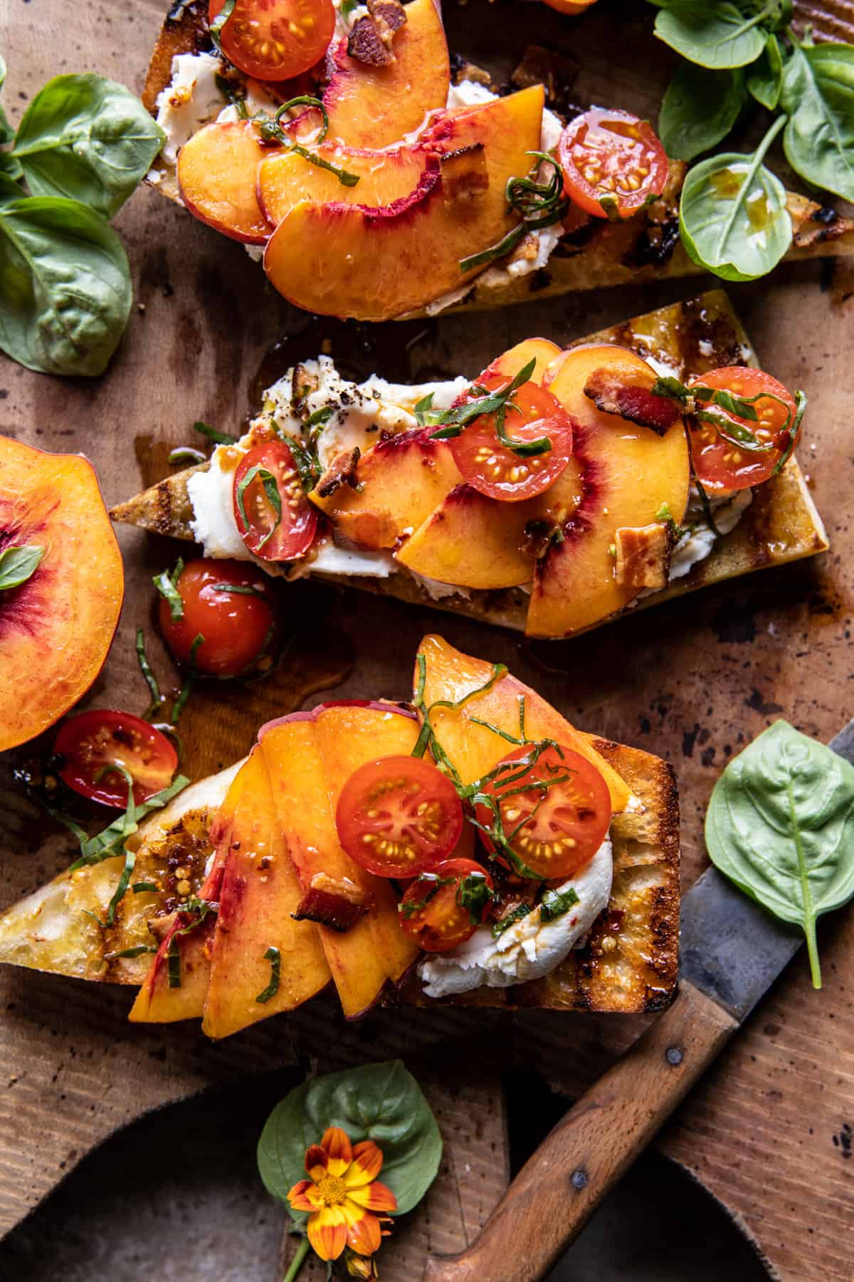 Tomato Peach Crostini with Hot Bacon Dressing | halfbakedharvest.com