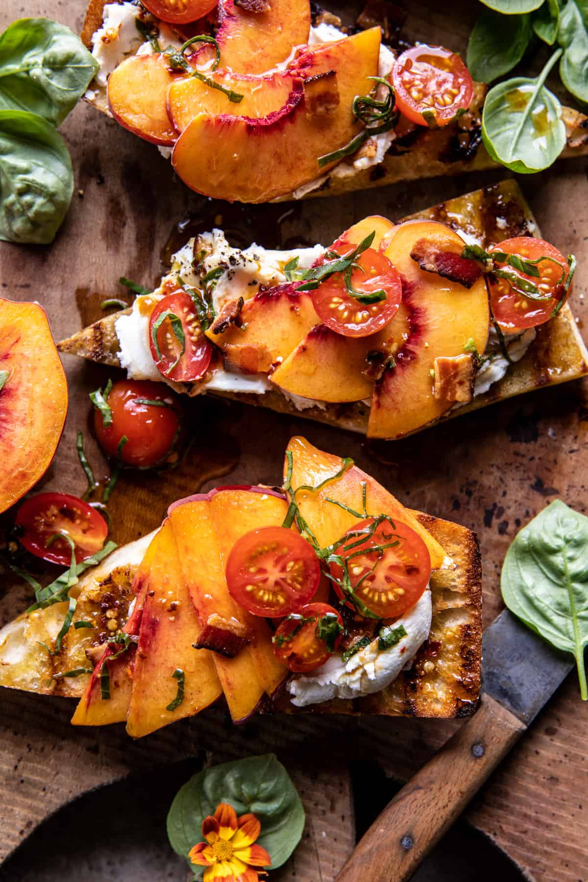 Tomato Peach Crostini with Hot Bacon Dressing | halfbakedharvest.com