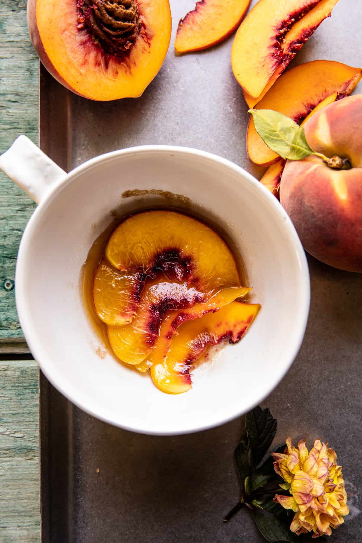 10 Minute Gooey Vanilla Peach Mug Cake | halfbakedharvest.com