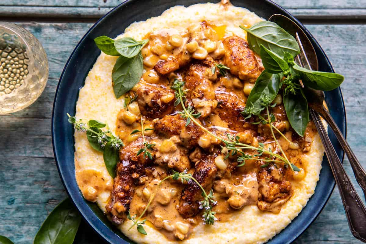 Creamy Garlic Corn Chicken with Cheesy Polenta | halfbakedharvest.com