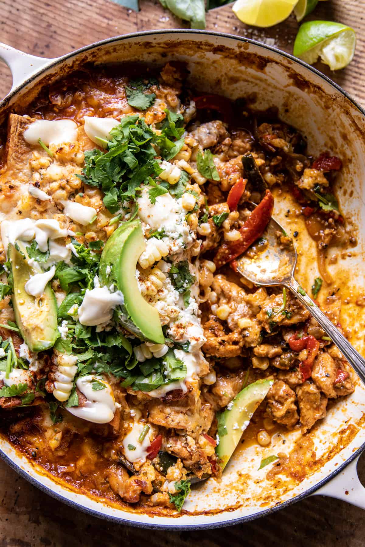 One Skillet Street Corn Chicken Enchilada Bake | halfbakedharvest.com