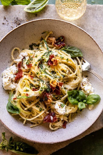 Zucchini Carbonara with Crispy Prosciutto and Burrata | halfbakedharvest.com
